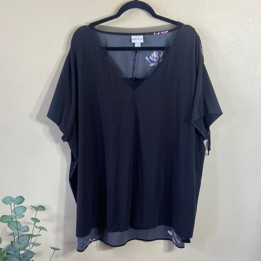 Ava & Viv 4X Black Floral Mixed Media Tunic Top Plus Size Flutter Sleeve Boho